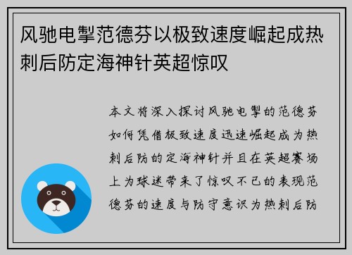 风驰电掣范德芬以极致速度崛起成热刺后防定海神针英超惊叹